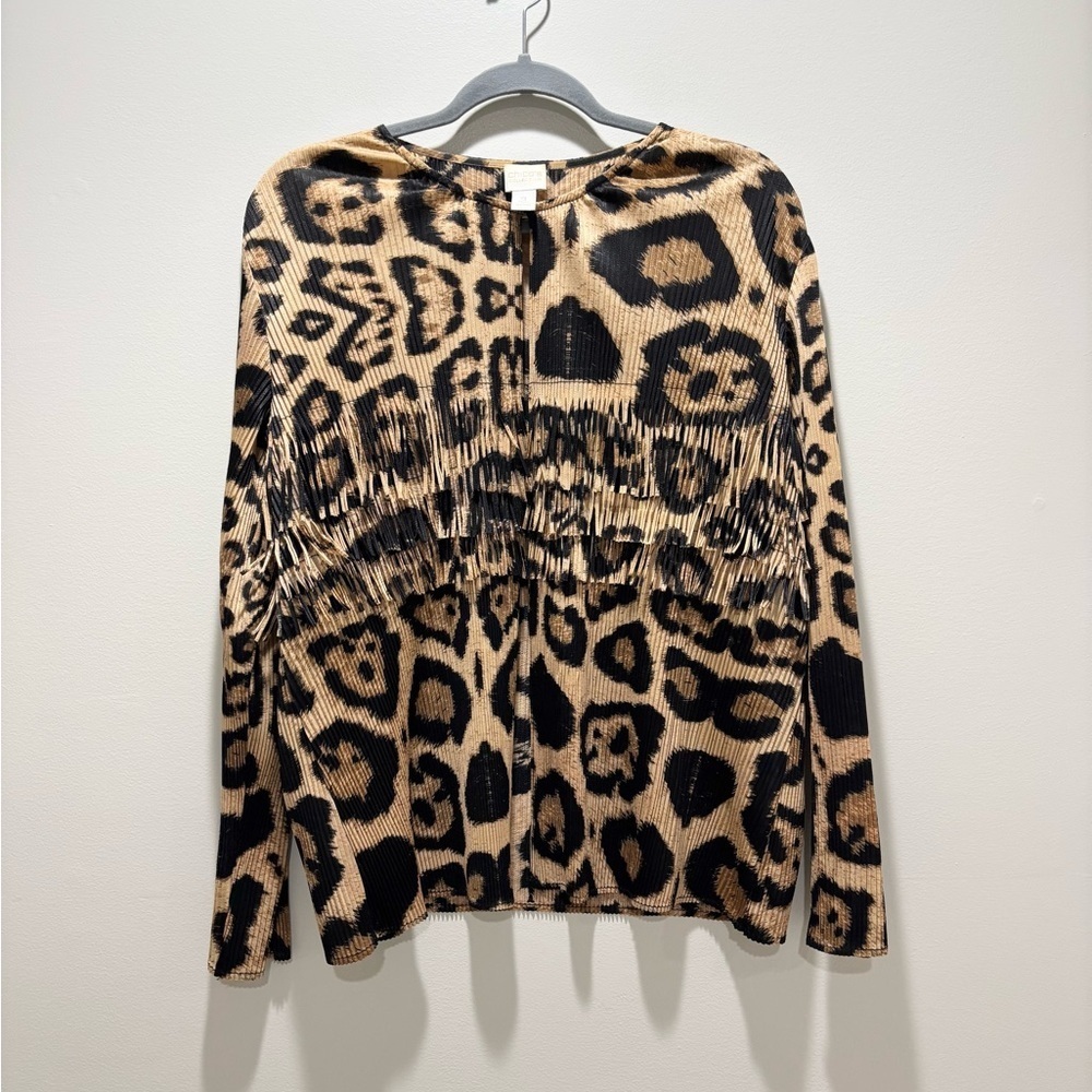 CHICOS COLLECTION Women’s Leopard Animal Print Fringe Single Clasp Closure Top